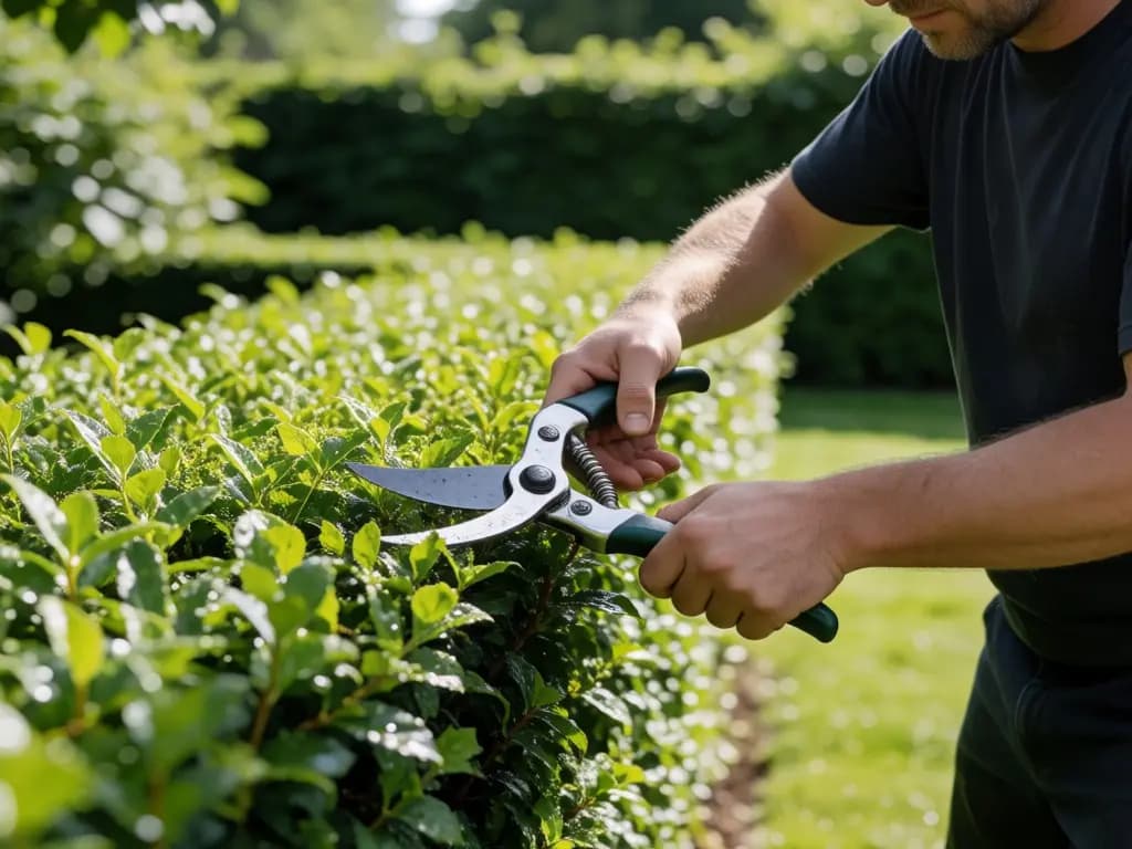 Poda de árboles, perfilado de plantas e instalación de riego automático